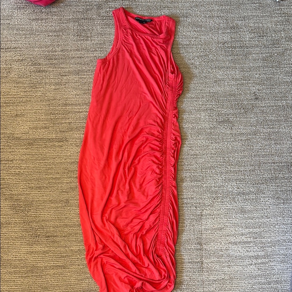 Veronica Beard Red/Hot Pink Ruched Sleeveless Midi Dress